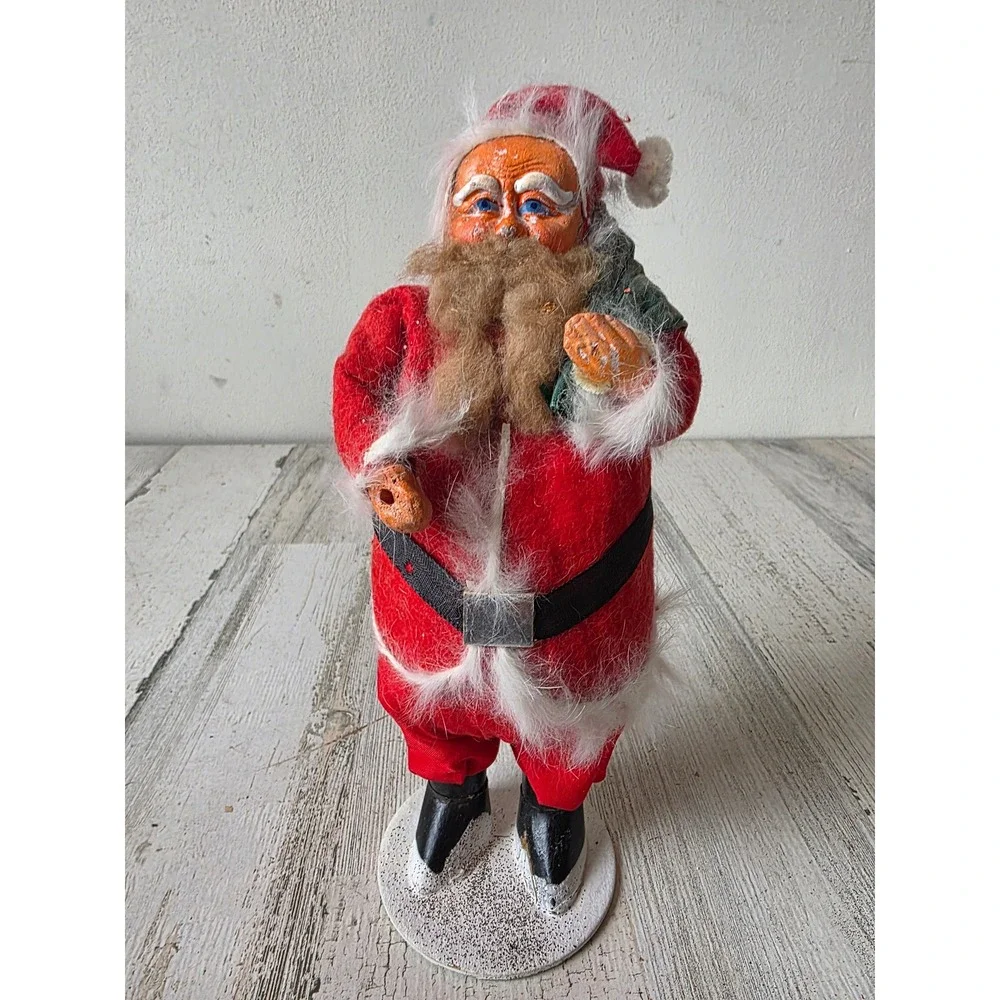 Antique paper mache Santa statue figurine Xmas fur mica